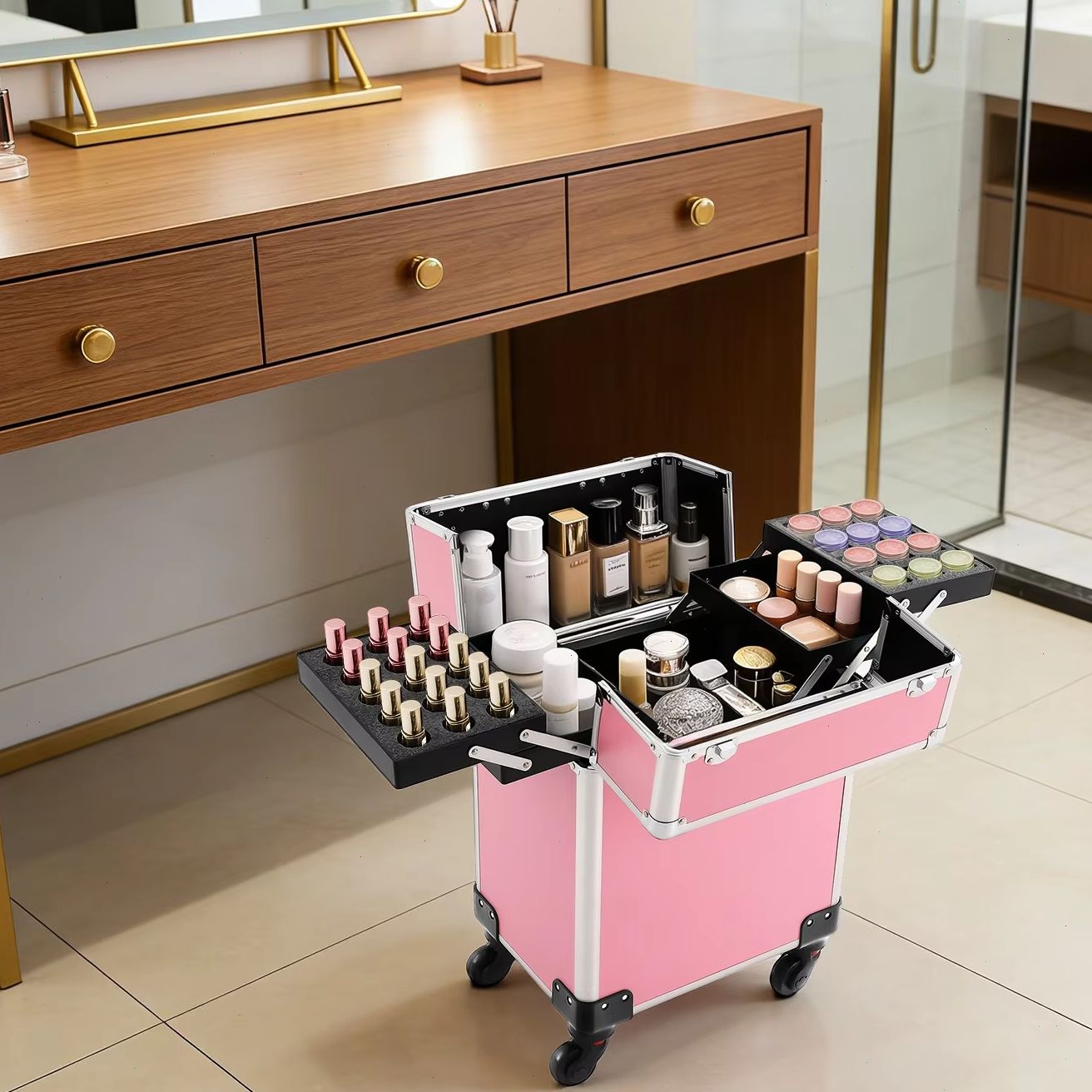 Pink Rolling Makeup Train Case - Makeup And Beauty ulasan dan harga
